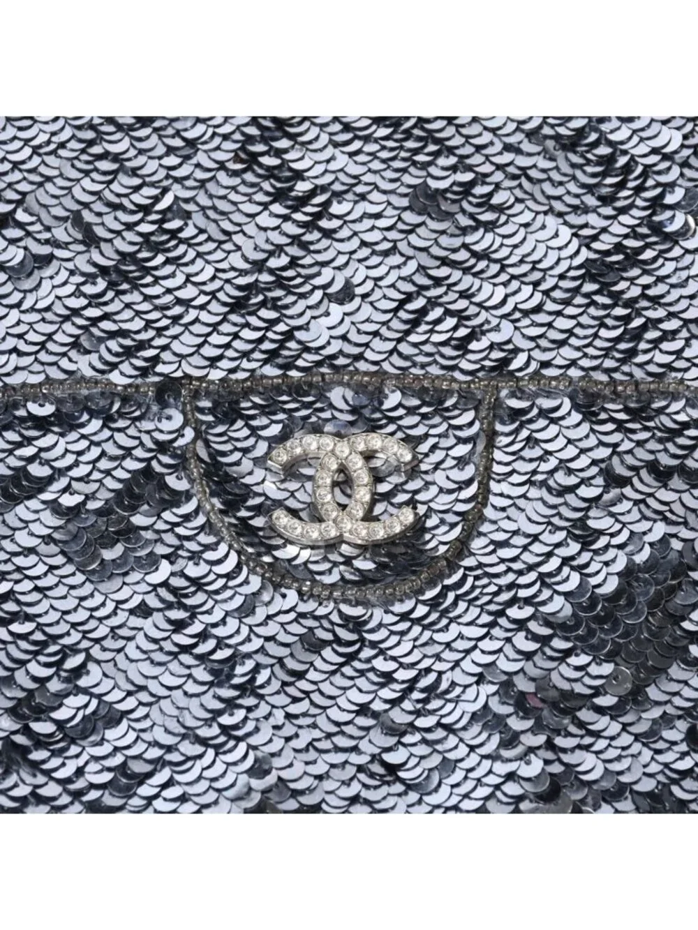 Chanel Sequin Handbag CC Logo Rhinestone Silver Clear